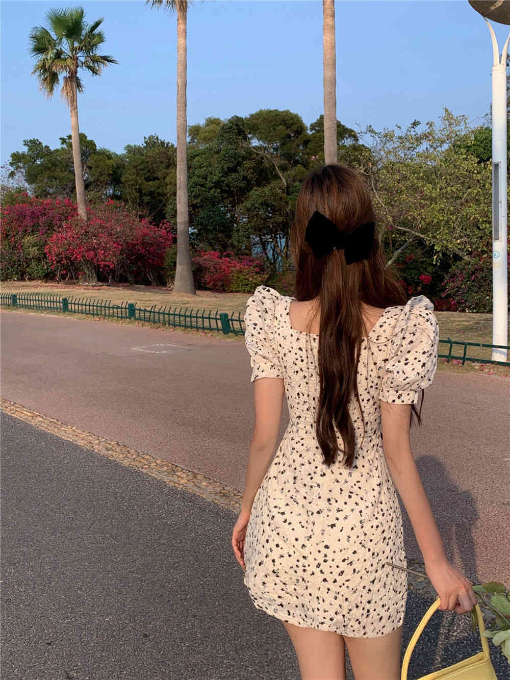 Summer Floral Dress Women French Style Puff Sleeve Chiffon Party Vintage Casual Slim Mini 210519