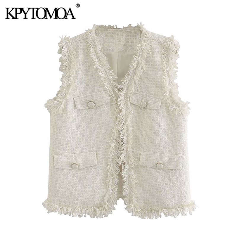 Women Fashion Frayed Tassel Tweed Waistcoat V Neck Sleeveless Female Vest Outerwear Chic Tops 210420