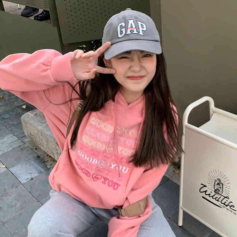 2 colors autumn and winter preppy style loose letter embroidery thicking hoodies womens sweatshirts pullovers (C2920) 210423