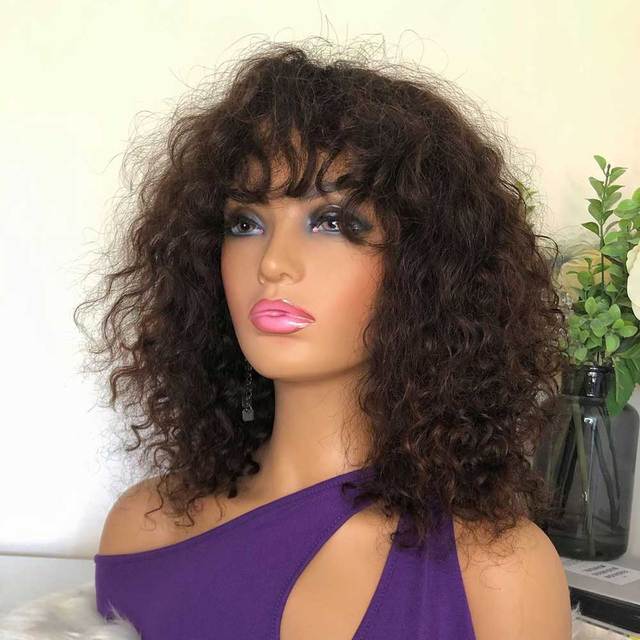 Brown Color Brazilian Remy Curly Hair Full Wig With Bangs 180% Density Deep Wave Glueless Synthetic Lace Front Wigs For Black Women