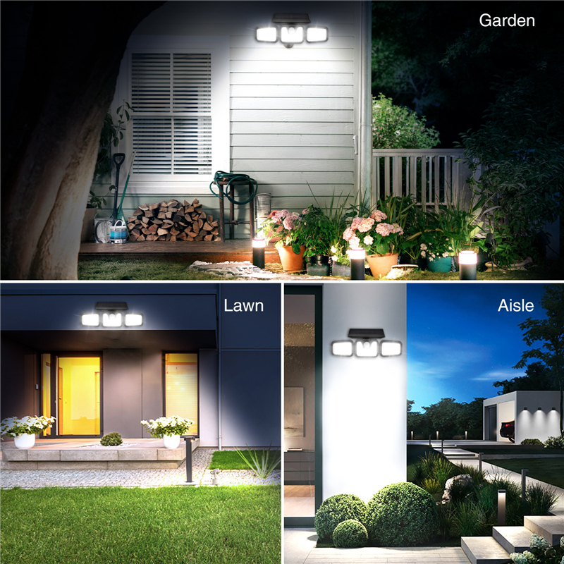 Outdoor Wall Lamps Solar Security Lamps 3 Head Motion Sensor Lights Adjustable Outdoor Spotlights 360°Rotatable IP67 Waterproof Porch Garden Patio Yar