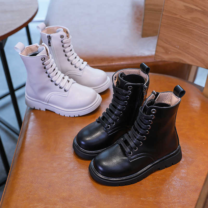 New Winter Chelsea Rain Boots for Big Kids Girl Waterproof Pu Leather Martin Boots Fashion Zipper Children High Top Rubber Boots H0828