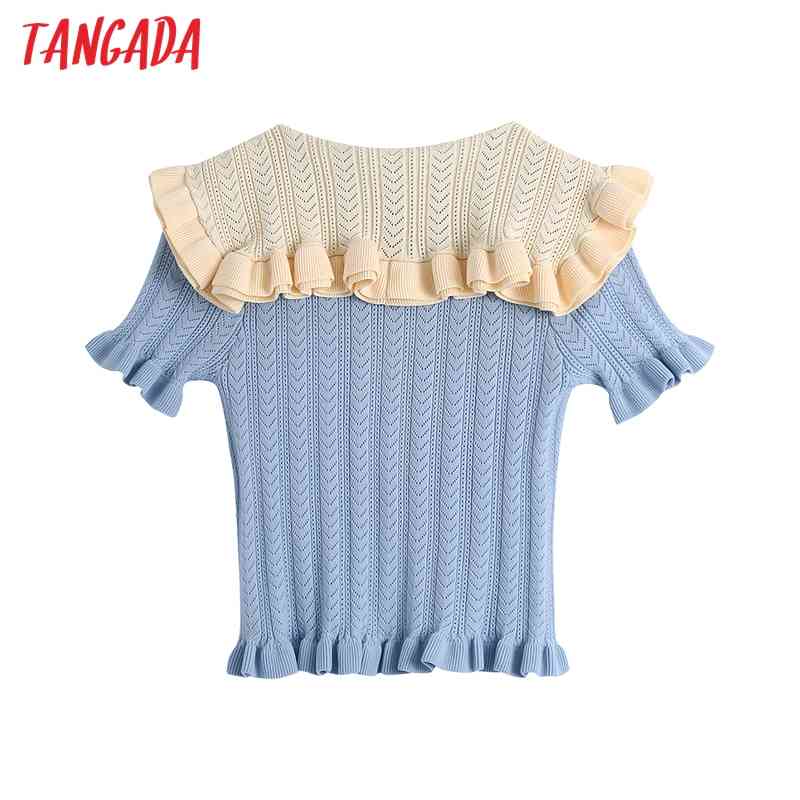 Women Blue Ruffled Cropped Knitted Sweater Patchwork Collar Short Sleeve Female Pullovers Chic Tops BE476 210416