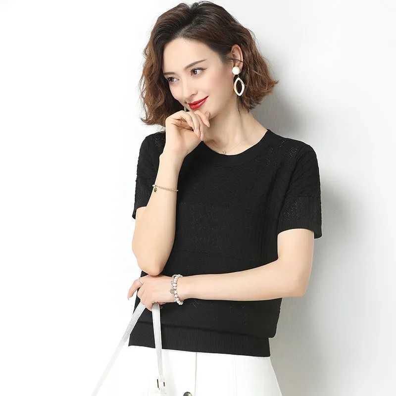 Summer Hollow Out Knit Short Sleeve T-Shirt Women Korean Casual Solid Colors Knitwear Tee Casual Round Neck Ice Silk pullovers 211014