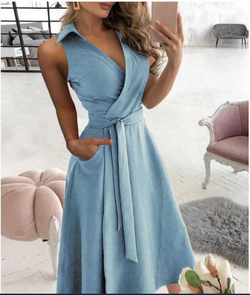 Sexy Sleeveless Wrap Women Midi Dress Fashion V Neck Belt Pocket Bag Hip Big Swing Ladies Elegant Party Summer es 210526