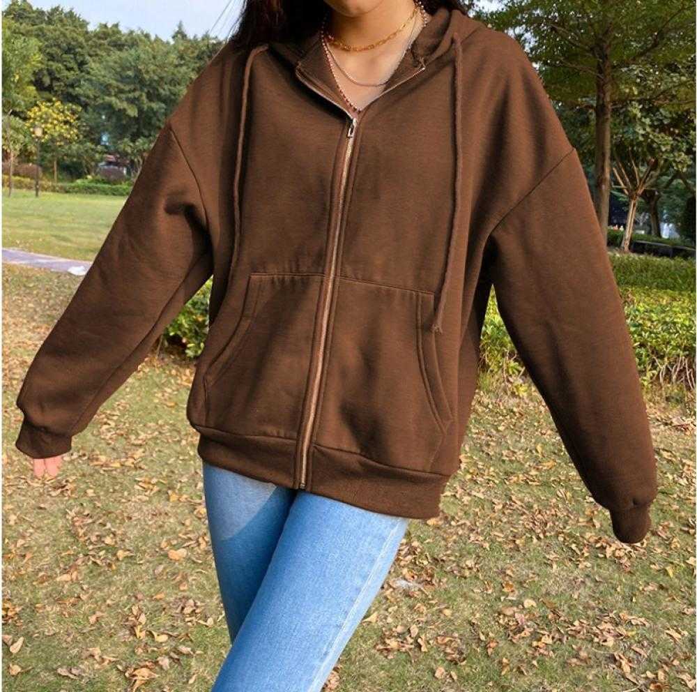 Jacket Overseas for Women Streetwear Top Brown Zip Up Sweatshirt Hoodie Y2K Egirl Oversize Hoodies Long Sleeve Pullover 210809