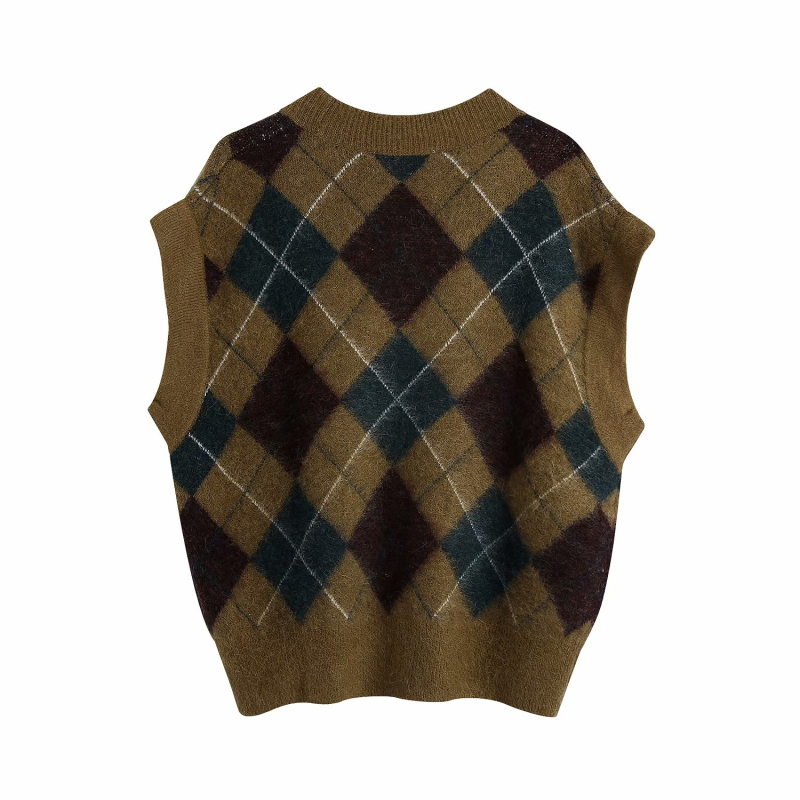 Vintage Women Loose Argyle Knitted Sleeveless Sweater Chic Ladies Autumn Soft Oversized Vest Female Casual V Neck Tops 210515