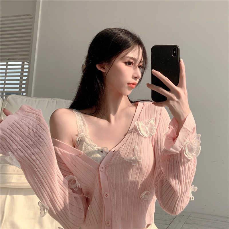 Butterfly Knit Cardigan Korean Sexy V-Neck Fitness Crop Tops Ladies Summer Thin Long Sleeved Sunscreen Jackets 210914