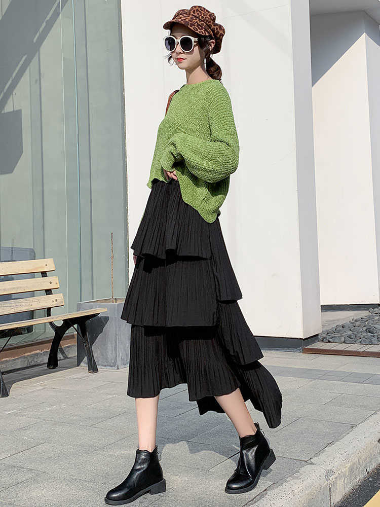 Solid Irregular Cake Multi-level Middle-length Spring and Autumn Summer High-waisted Pleated Women Skirts 210615Z