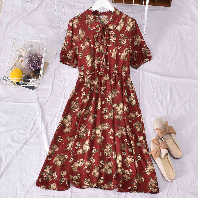 Girls Kawaii Chiffon Dress Floral Print Vintage Boho Women Ruffle Tie Front V Neck Summer Ladies Sweet 210519
