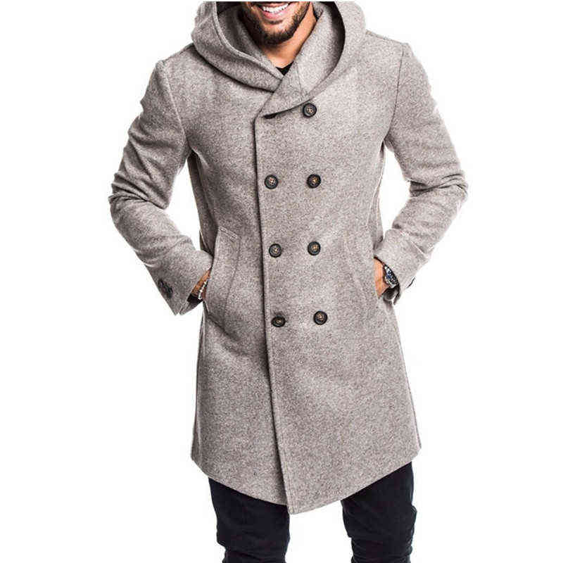 ZOGAA Mens Fashion Long Trench Coat Fleece Hooded Woolen Jacket Peacoat Overcoat 211122