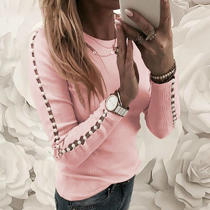 Beading Knitted Ribbed Tshirts Autumn Winter Women T-shirts Hollow Out Long Sleeve Basic Top O-Neck Pearl Casual Tees G1010 210406