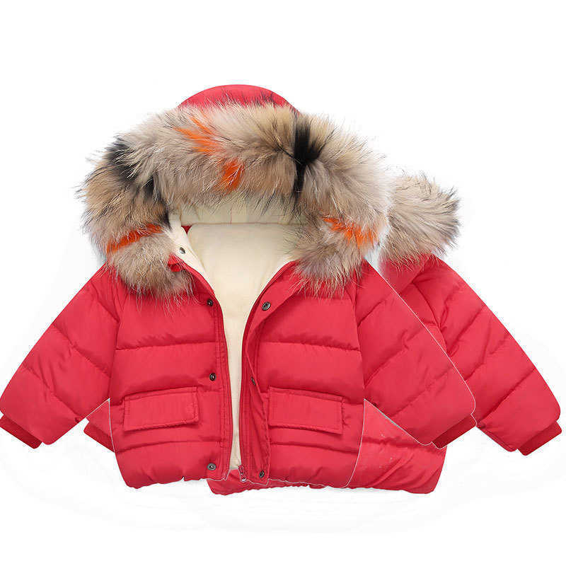 kids winter plus velvet real fur collar down coat with hoodie Christmas cotton outwear girls boys warm stuffed padded children design
