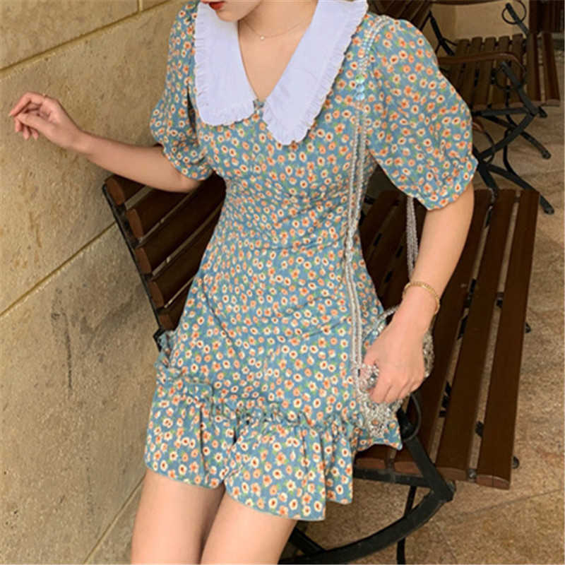 Women Chiffon Dress Summer Fashion Female Puff Sleeve Vintage Floral Print Peter Pan Collar Boho Casual Vestidos 210623