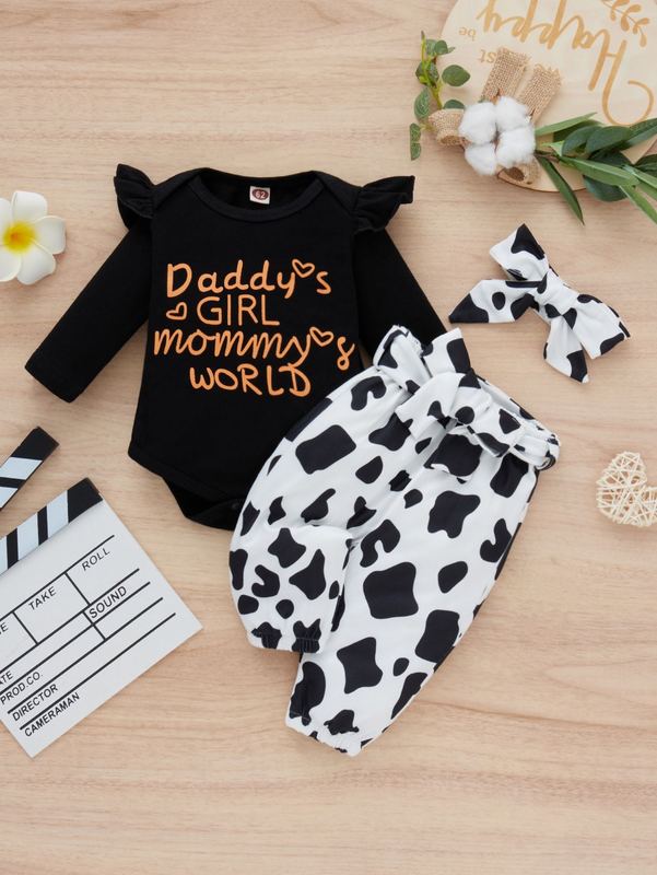 Baby Slogan Graphic Ruffle Trim Bodysuit & Cow Print Belted Pants & Headband SHE