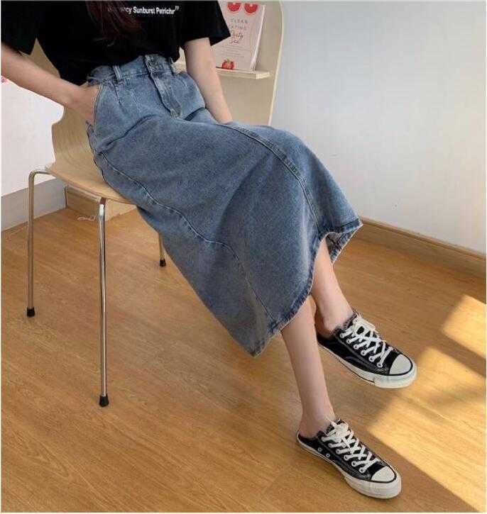 Skirts Women Denim Korean Style Button Pocket Harajuku Elastic High Waist Back Split Calf-Length Skirt Casual Streetwear 210526