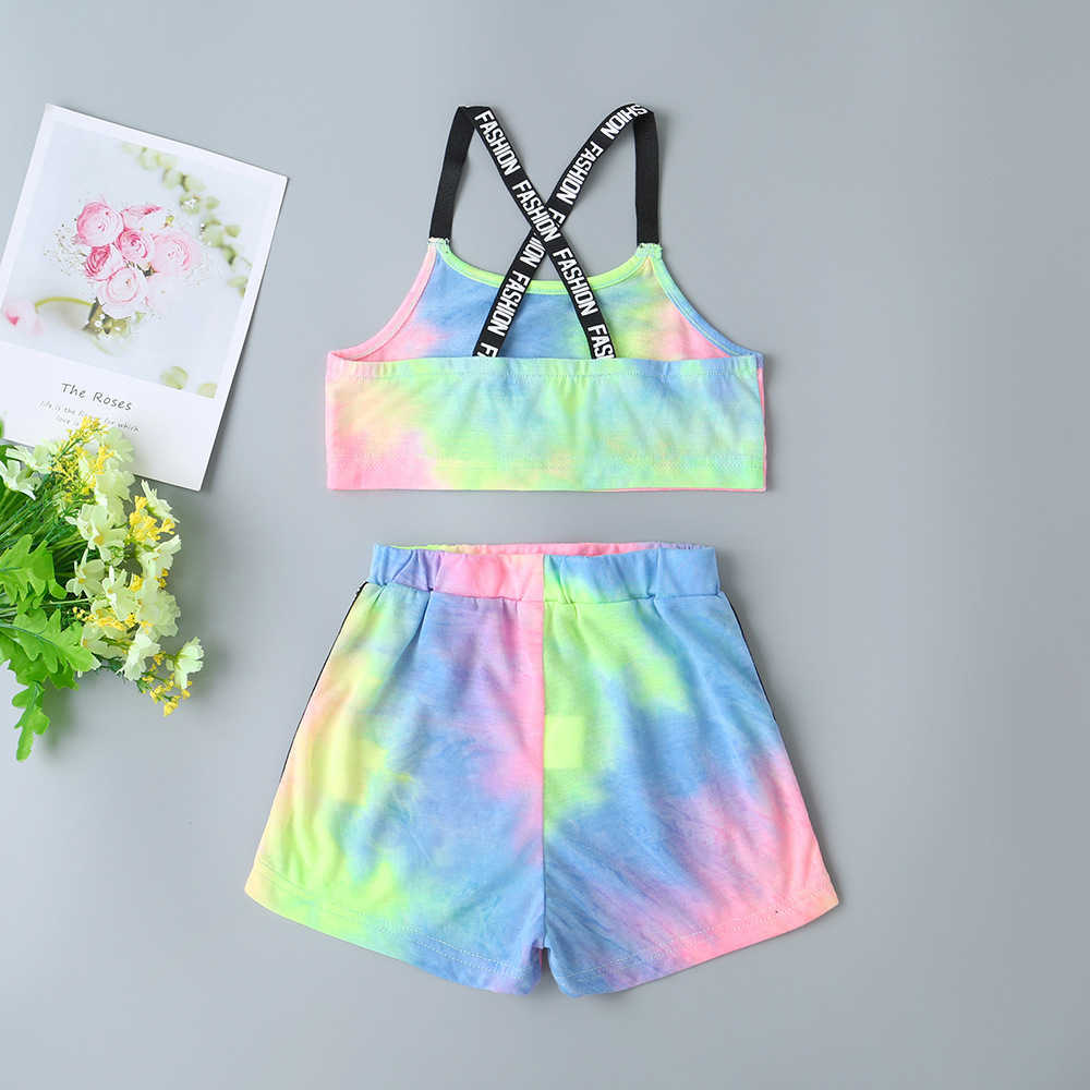 Girls Clothes Sets For Kids Cute Strap Tie-dyed Tops Short Pants Letter Muti Summer 210629