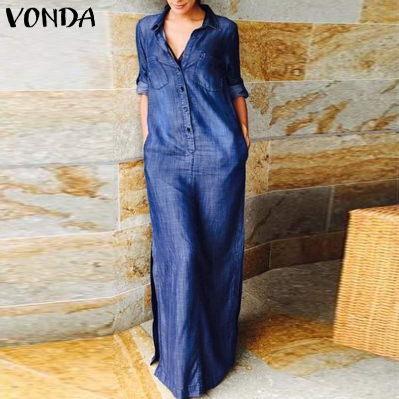 Women Demin Dress 2021 VONDA Vintage Sexy Lapel Collar Long Maxi Dresses Bohemian Summer Casual Vestido Plus Size Robe