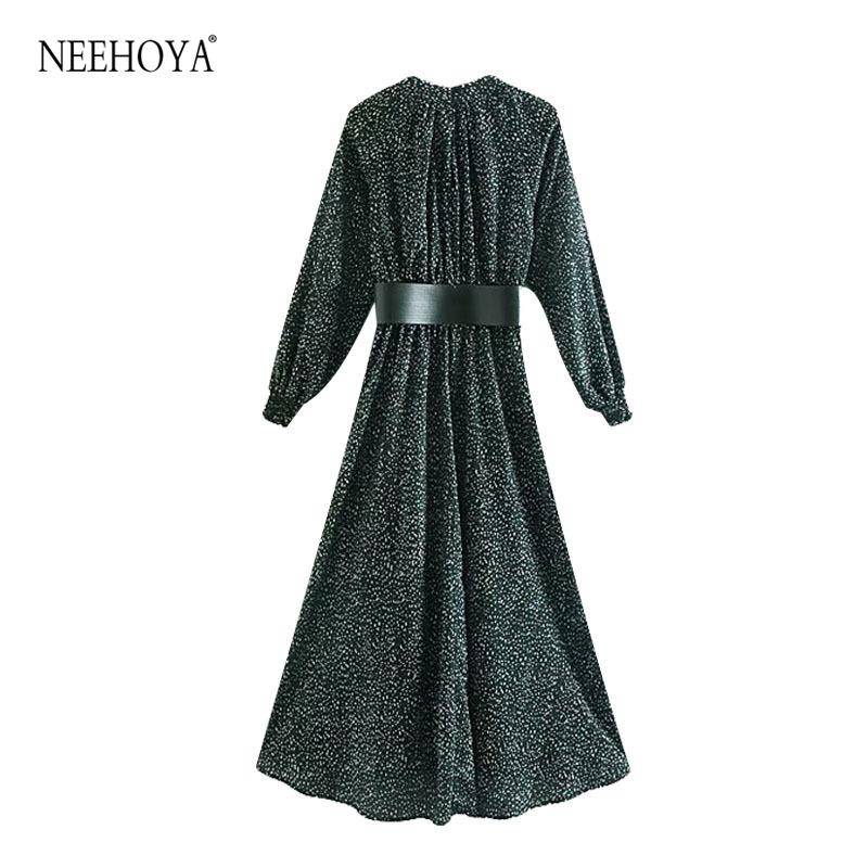 Women 2021 Chic Fashion Printed With Belt Maxi Dress Vintage Stand Collar Long Sleeve Female Dresses Vestidos Mujer Casual