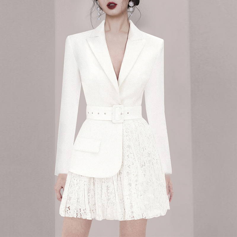 High End Autumn OL Style White Women Dress Elegant Lace Patchwork Female With Belt Business Vestido Da Festa 210520