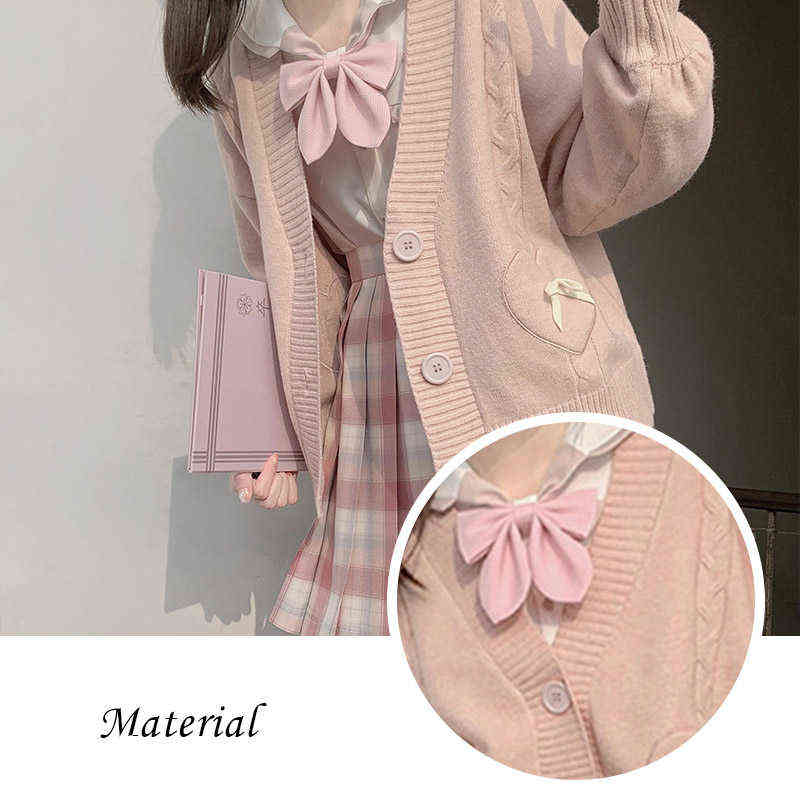 Anbenser Spring Japan Kawaii Fashion Pink Cardigan Women Vintage Crop Knitted Sweater Cute Bow Heart Korean JK School Coat 211117