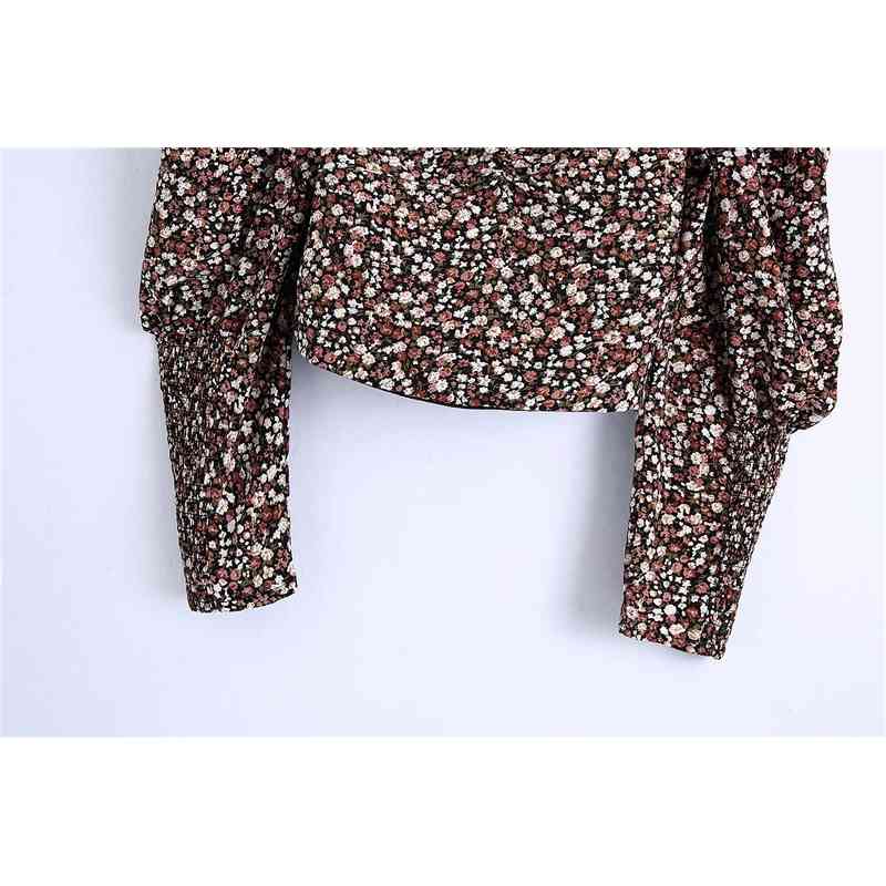 Vintage Women Floral Print Shirts Fashion Ladies Chiffon V-Neck Tops Streetwear Female Chic Puff Sleeve Blouses 210430