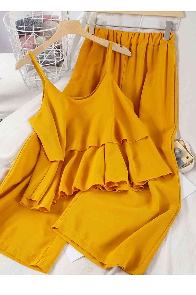 Korean Summer Two Pieces Set Women Ruffle Tank Blouse Top+ Wide Leg Pants Female Casual Solid Suit Outfits 210519