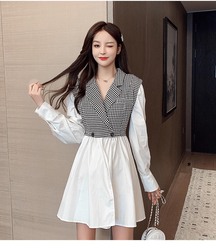 Casual Dresses 2021 Autumn French Niche Plaid A-line Waist Contrast Stitching Suit Collar Dress Long Sleeve Fashion Women