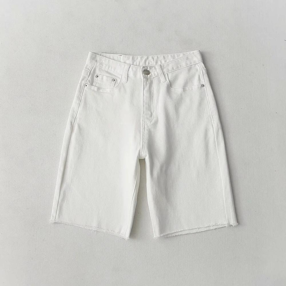 Summer Hurr Hem Tassel Straight Knee length Jeans High Waist Short Pants Casual Women Loose Denim Trousers White 210429