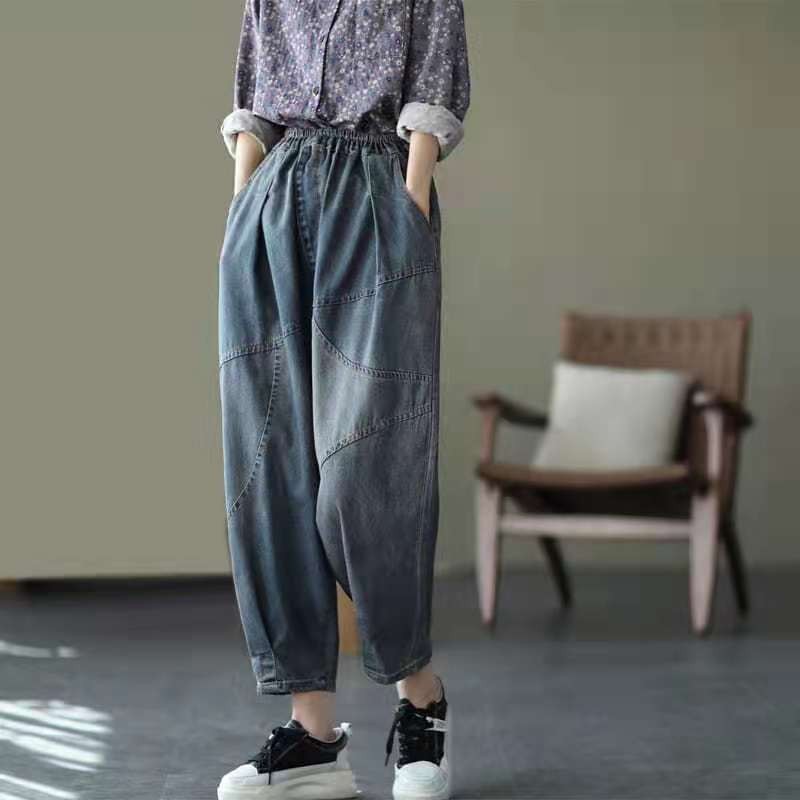 Arrival Summer Women Loose Casual Elastic Waist Harem Pants All-matched Cotton Denim Patchwork Ankle-length Jeans W245 210512