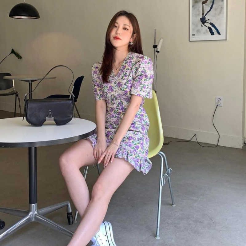 Korejpaa Women Dress Korean Chic Temperament Elegant Violet Shredded Flower V-neck Waist Bag Hip Lotus Leaf Side Vestido 210526