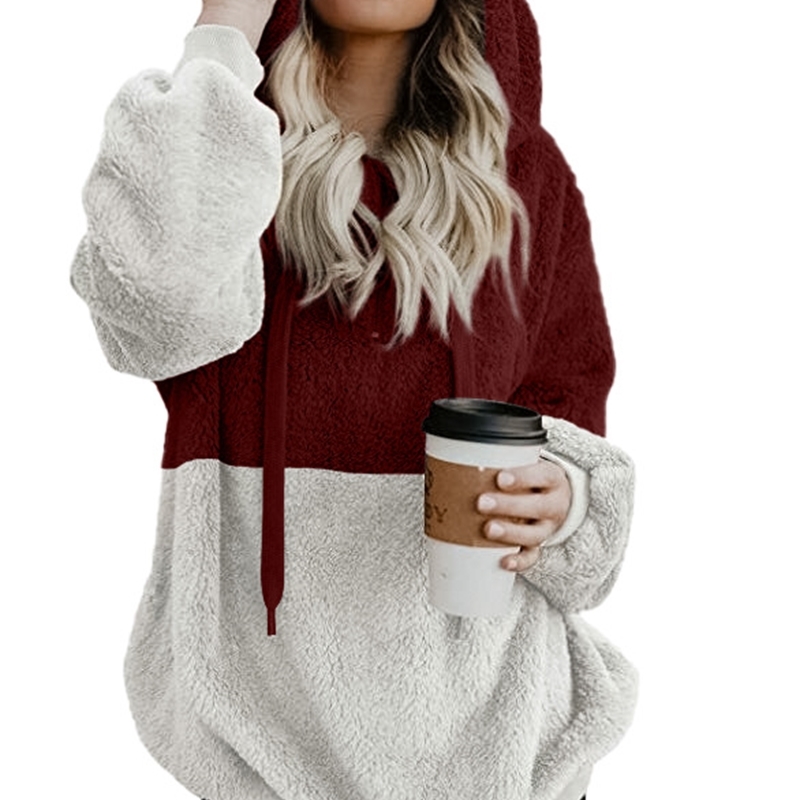 Women Casual Plush Hoodies Zipper Patchwork Hooded Drawstring Sweatshirt Autumn Winter Lady Hooded Warm Loose Tops Plus Size 5XL 210507