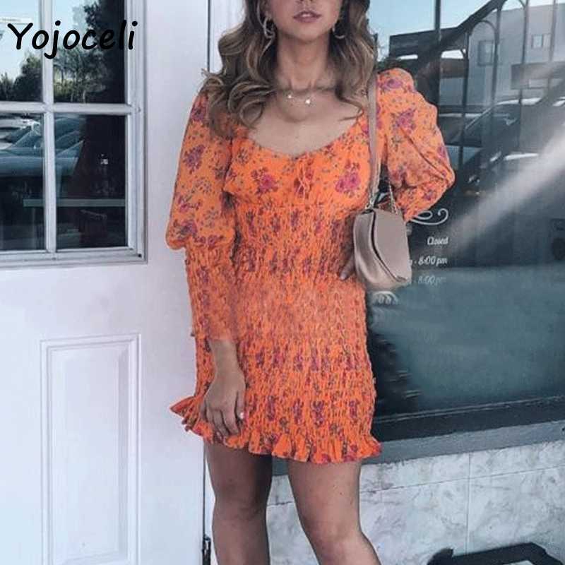 Yojoceli floral print smocked dres bodycon slim puff sleeve party streetwear day female vestidos 210609