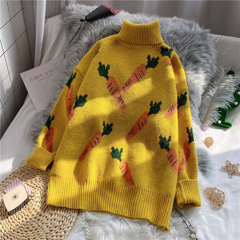 EBAIHUI Knitted Sweater Women Carrot Pattern Long Sleeve Pullover Loose High-necked Blue Yellow Autumn Winter 211011Z