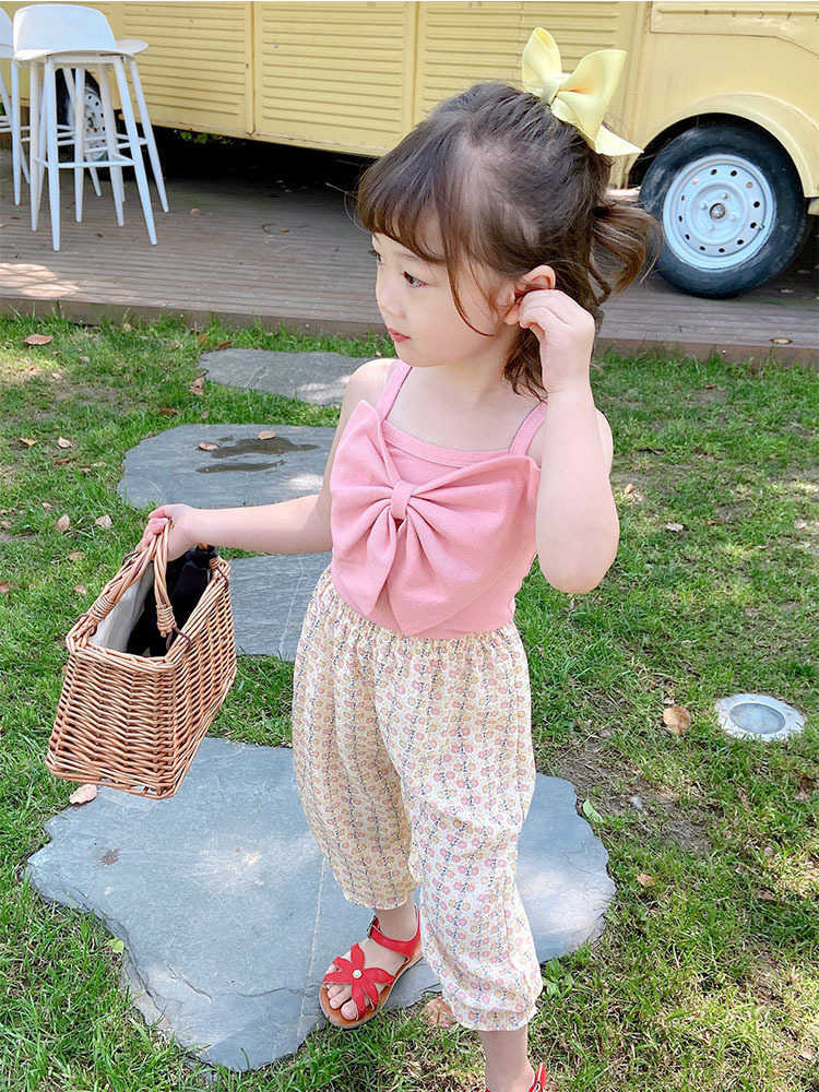Toddler Girls Sling Vest Solid Cotton T-shirt with Big Bows Lovely Summer Kids Fashion Clothing Outfit 210529