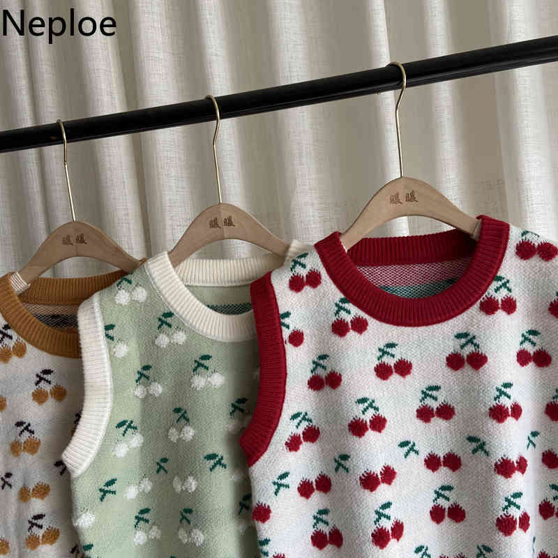 Neploe Woman Sweaters Vest O-neck Crochet Floral Cherry Knitted Cropped Pullovers Tank Korean Sweet Waistcoat Tops women 4H380 210422