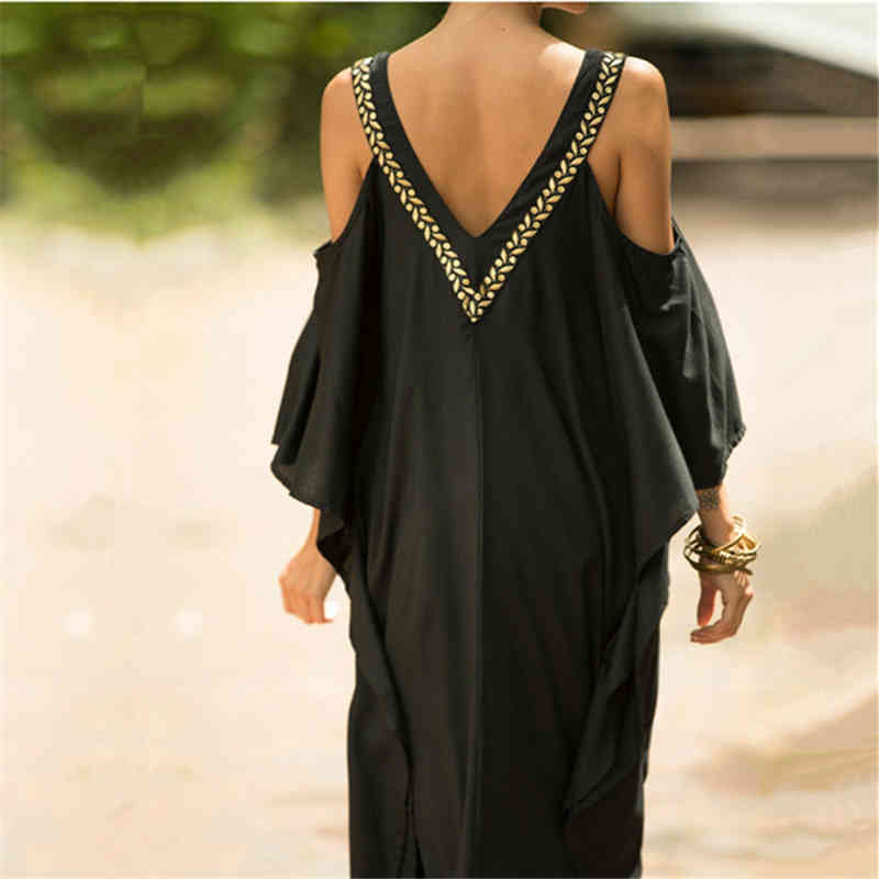Sexy Cold Shoulder V Neck Bats Sleeve Loose Summer Beach Dress Plus Size Women Beachwear Kaftan Black Cotton Dress Q943 210409