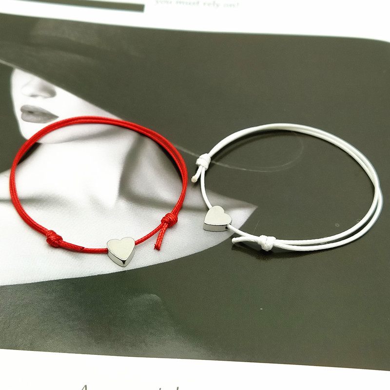 2 pcs/lots Tiny Love Heart Lucky Red Black White Color Rope Adjustable Fashion Couple Bracelet Wholesale