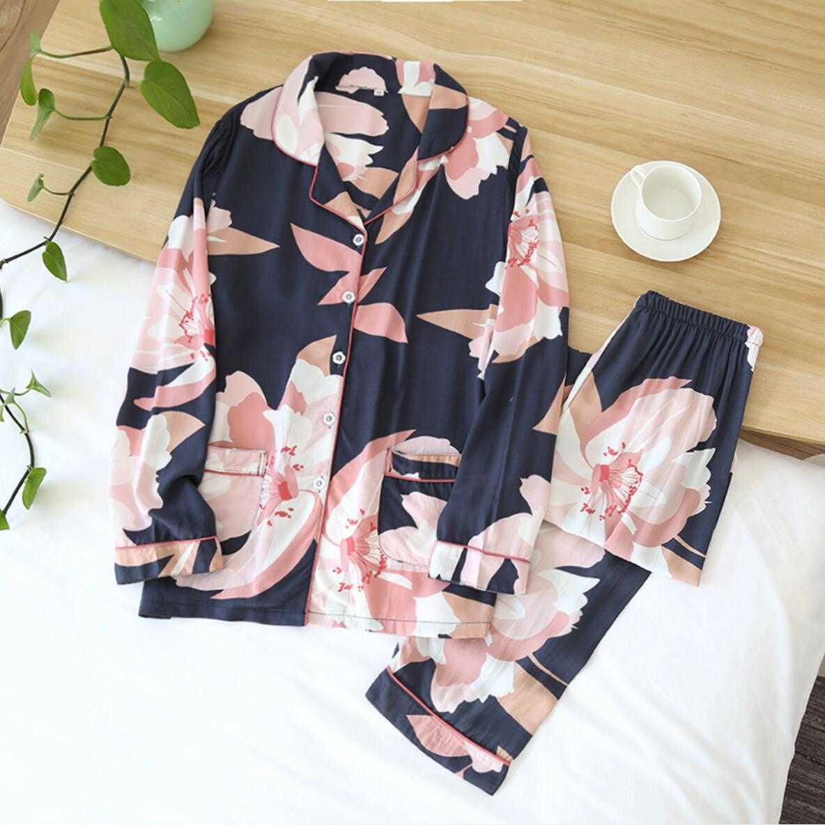 Women's Summer Two-piece Home Suit for Spring and Summer Thin Long-sleeved Viscose Cotton Pants Pajamas Women Summer Cotton Suit 210924