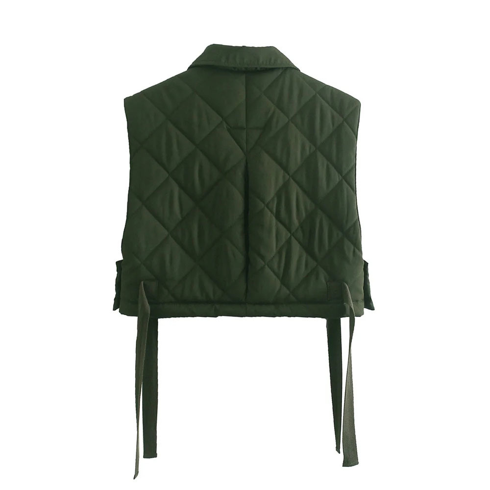 BBWM Women Green Pocekts Quilting Cropped Vests Fashion Side Buttons Tie Turn-down Collar Waistcoat Streetwear 210520