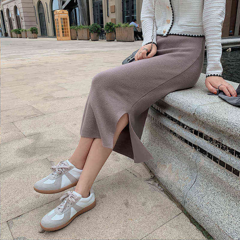 High Elastic Waist Women Long Skirt Knitted Pencil Skirt Wool Autumn Split Skirts Female Black Winter Solid Knitting One-step 211119