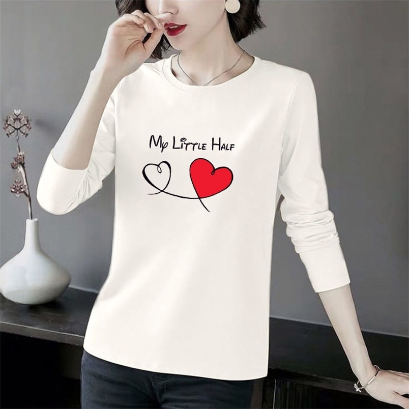 Women Cotton Tshirt Spring Summer O Neck Print Long Sleeve Loose Pullover T-shirt Female White Black Tee Shirt Plus Size 4XL 210522