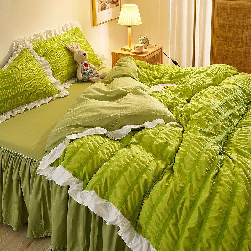 Princess Bedding Set Seersucker Solid Ruffles Duvet Cover Cotton&Polyester Flat Sheet /Bed Skirt Wedding Bedclothes Home Textile Sets