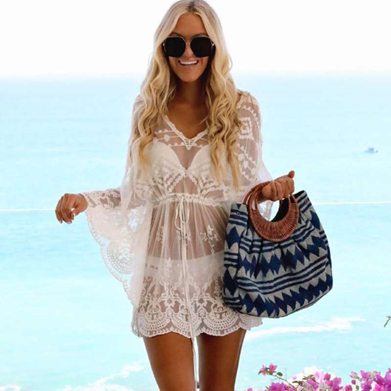 Lace Beach Pareo wear Swim suit Cover up Playa Tunics for Tunic Swimwear Women Dress #Q852 210420