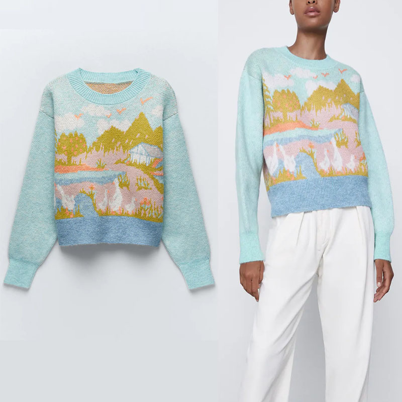 Cute Jacquard Animal Knit Sweater Women Long Sleeve O Neck Soft Knitted Top Woman Chic Vintage Ribbed Pullover 210518, As picture 
Cute Jacquard Animal Knit Sweater Women Long Sleeve O Neck Soft Knitted Top Woman Chic Vintage Ribbed Pullover 210518, As picture