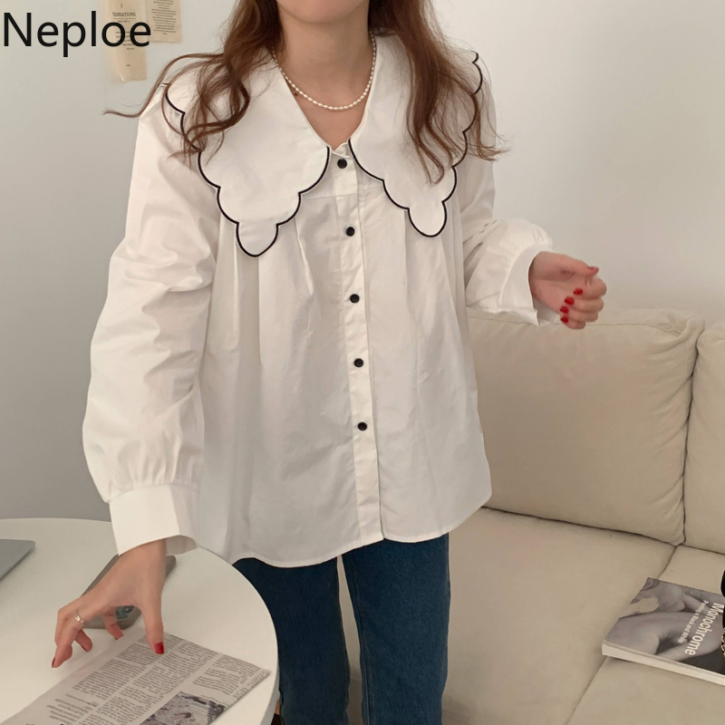 Neploe Women Shirt Peter Pan Collar Long-sleeve Blouse Spring Korean Blusas Loose Elegant Single Breasted White Basic Tops 210422