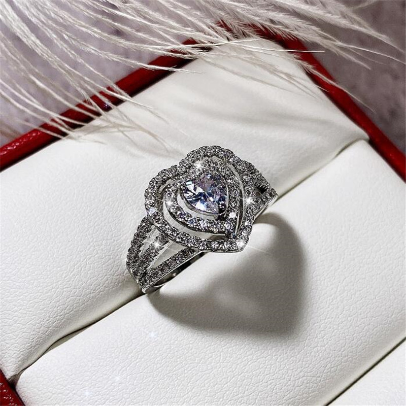 Ins Top Sell Wedding Rings Luxury Jewelry 925 Sterling Silver Handmade Pave White Sapphire CZ Diamond Gemstones Eternity Women Bridal Heart Ring For L