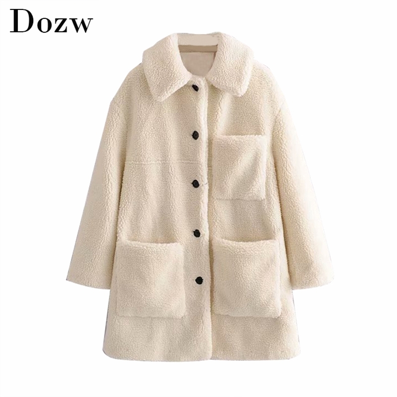 Fashion Solid Teddy Coat Women Winter Pockets Fleece Casual Mid Length Jackets Long Sleeve Lamb Fur Jacket Manteau Femme 210515