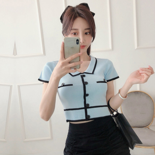 Summer Women 2pcs Set Sweet Knitted Lapel Short Sleeve T-Shirt Top + High Waist Bodycon Ruched Ruffles Mini Skirt 210519