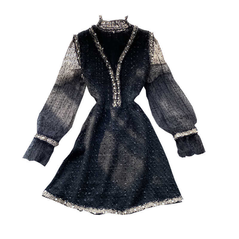 LY VAREY LIN Autumn Women Elegant Sweet Flare Sleeve Mesh Shirt Top + Beading Sleeveless Tweed Party Dress Two-Piece Set 210526